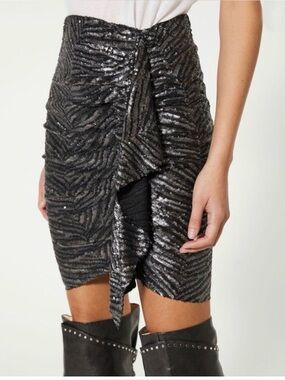IRO Black and Taupe Sequin Zebra-Print Mini Skirt
